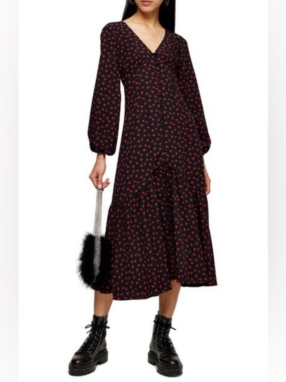 TOPSHOP Rose Long Sleeve Shirtdress In Black Multi Women’s size 6